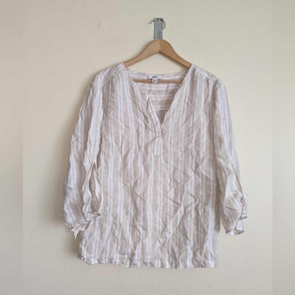 Lord & Taylor 100% Linen Striped Top – White & Tan – Women’s M